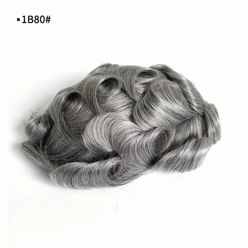 Gray Hair Revert Knots Full Transparent Thin PU Skin Base Human Hair Unit Men Toupee With Natural Hairline
