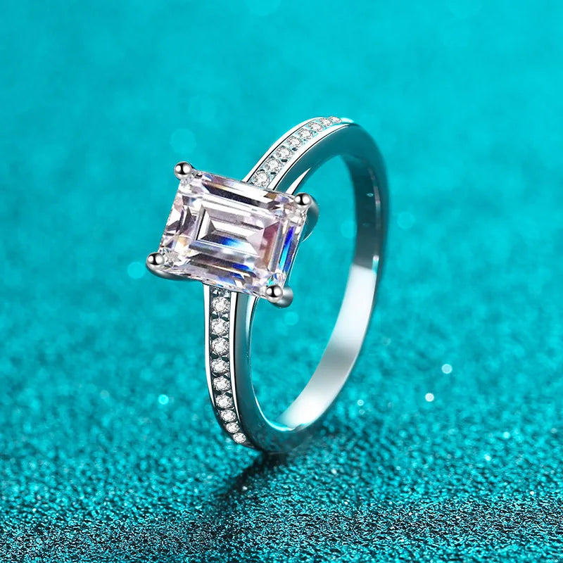 Aimgal GRA Certified 2ct Emerald Cut Moissanite Engagement Ring D-VVS1 3EX in Pt950 Plated Over S925 Sterling Silver