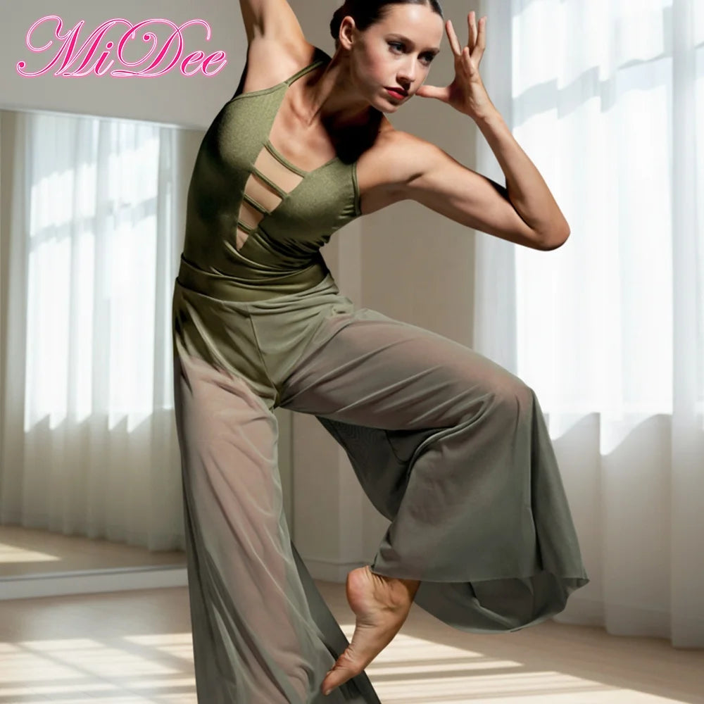 MiDee Modern Lyrical Dance Set for Women Adults Triangular Mesh Splicing Camisole Leotard and Wide Leg Pants for Stage Costume