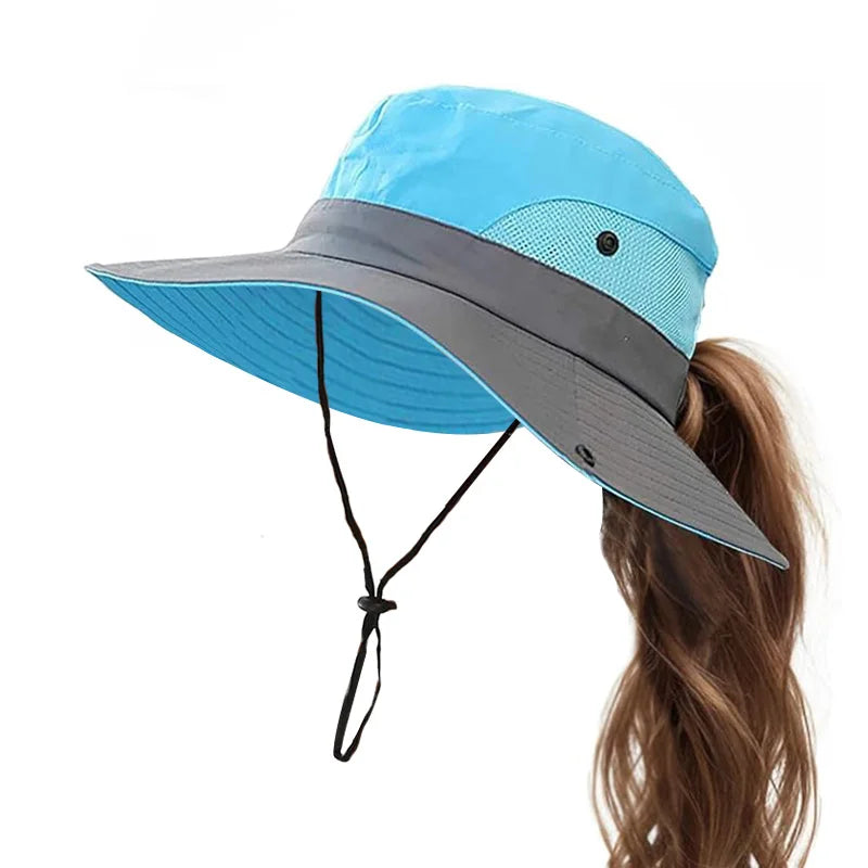 Wholesale Summer Sun Hat Wide Brim Outdoor UV Protection Hat Foldable Beach Fishing Hiking Ponytail Bucket Hat Cap for Women Men