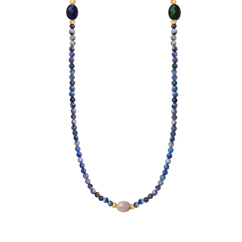 Bohemian Mixed Color Cut Blue Spirit Gray Natural Stone Beaded Handmade Necklace Versatile Queen Mother Ornament Women