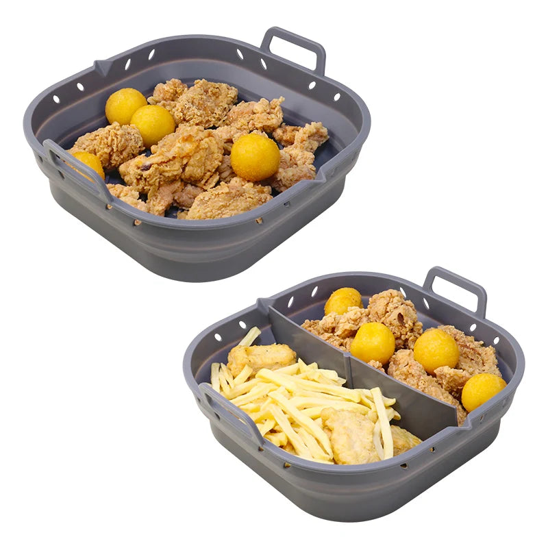 Square 8.5/8.6 Inch Collapsible Reusable Food Grade Silicone Air Fryer Pot Liners Baking Tray Silicone Pots With Holes & Divider
