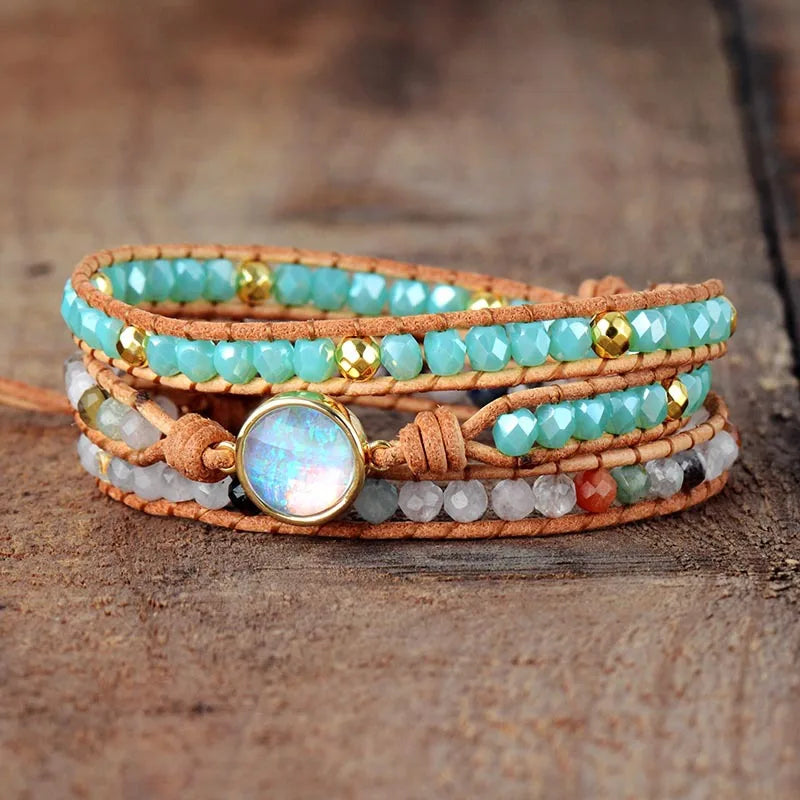 Handmade Natural Agate Stone Beads Beaded Leather Cord Boho3 Wraps Bracelets Jewelry Bracelet for Women
