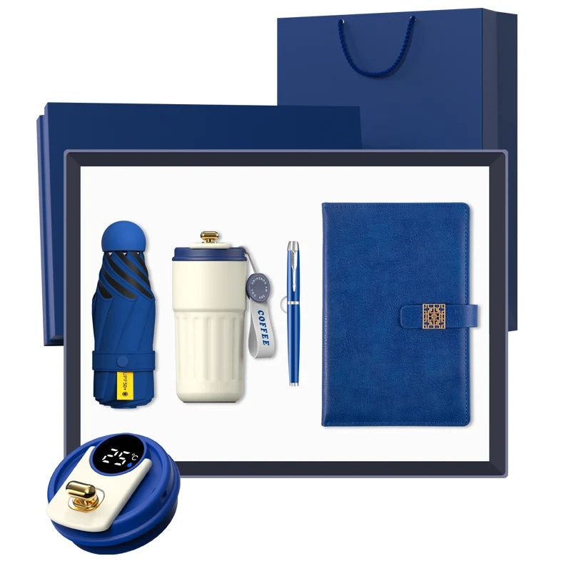 Premium Personalized Business Gift Sets Includes Vacuum Cup Notebook Sign Pen Umbrella in a Customizable Box