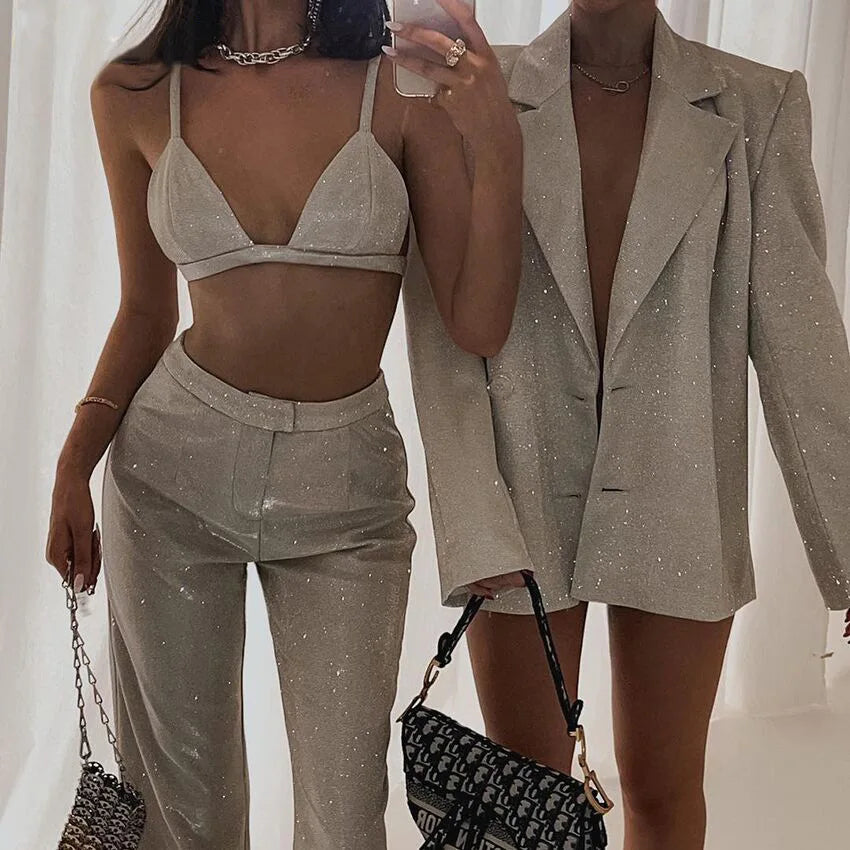 Blazer Mujer 2022 Ladies Suit Three Piece Set Solid Casual Suit Blazer Underwear Bra Top Straight Pants