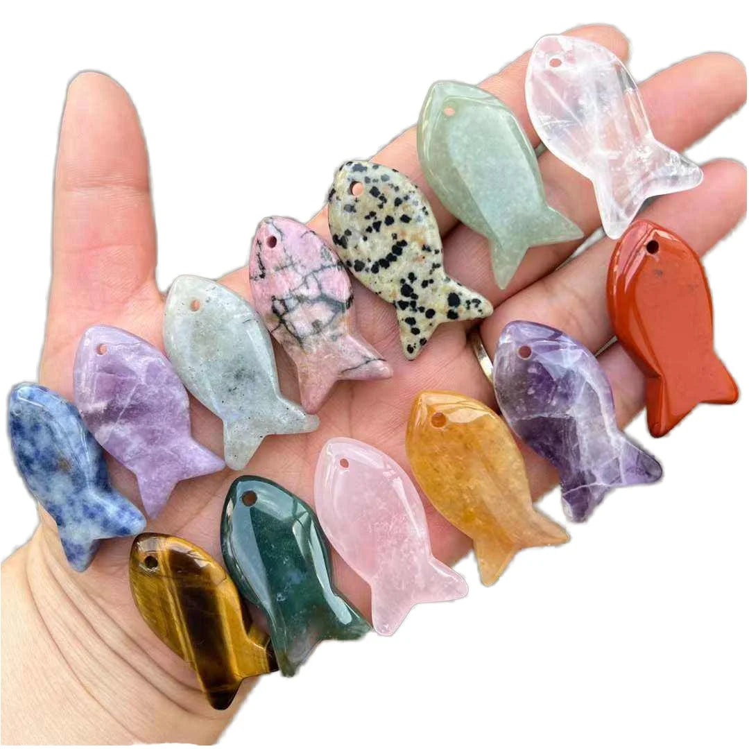Mini 20MM Crystal Quartz Healing Chakra Fish Shape Pendant Made of Premium Jade Jewelry