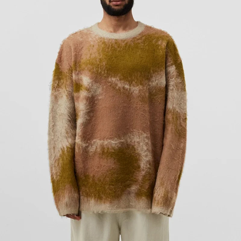 Odm & Oem Manufacturers Men's Jacquard Knitted Jumper Acrylic Mohair Fuzzy Crew Neck Pullover Sweater Customizable Design