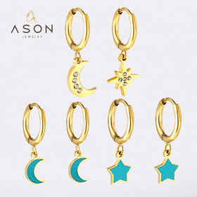 Ason Fashion Jewelry Stainless Steel Cute Zircon Golden Moon Drop Hoop Earrings Women Zircon Golden Star Jewelry Earrings