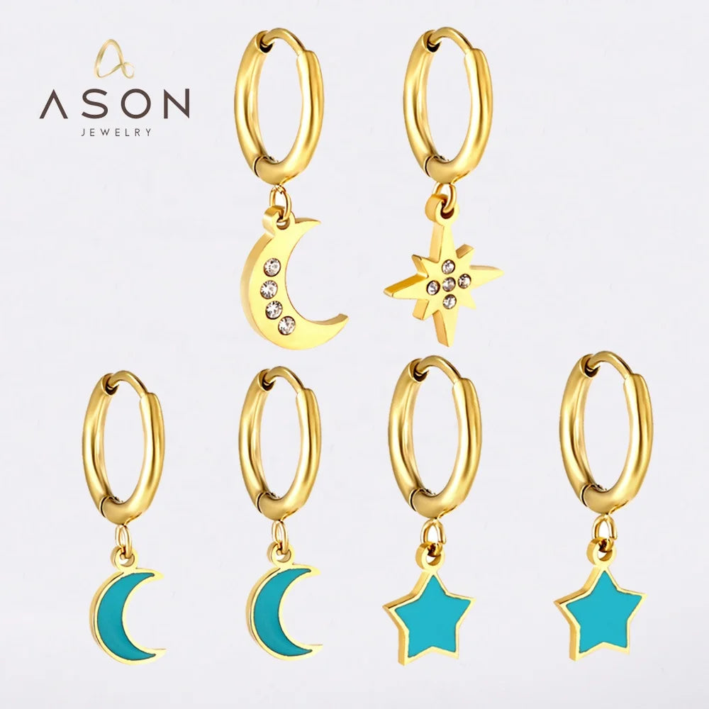 Ason Fashion Jewelry Stainless Steel Cute Zircon Golden Moon Drop Hoop Earrings Women Zircon Golden Star Jewelry Earrings