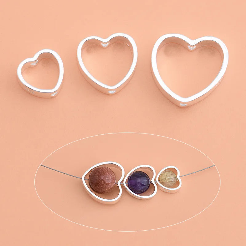 Fit 8mm 10mm Beads 925 Sterling Silver Hollow Flat Heart Frame Bezel for Crystal Gemstone Connector Jewelry Making