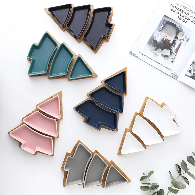 Hot Selling 2023 Nordic Christmas Tree Shape Dessert Plate Snack Plate Ceramic Plate with Bamboo Tray