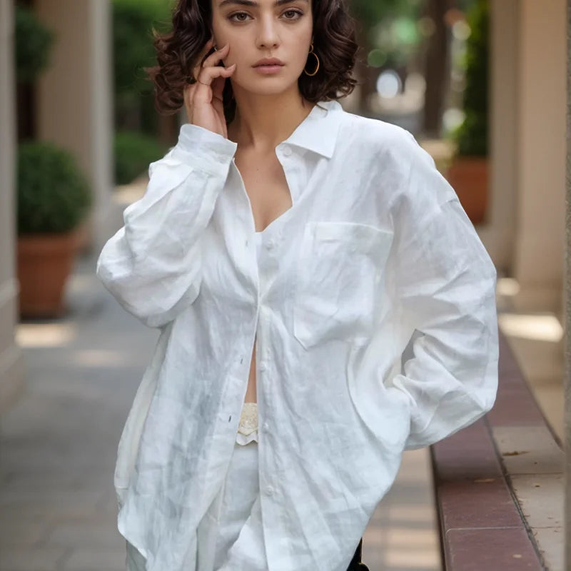 Womens Clothing Casual Womens Sets Cotton Linen Set Business Work Sets Long Sleeve Shirt High Waist Pants Suits
