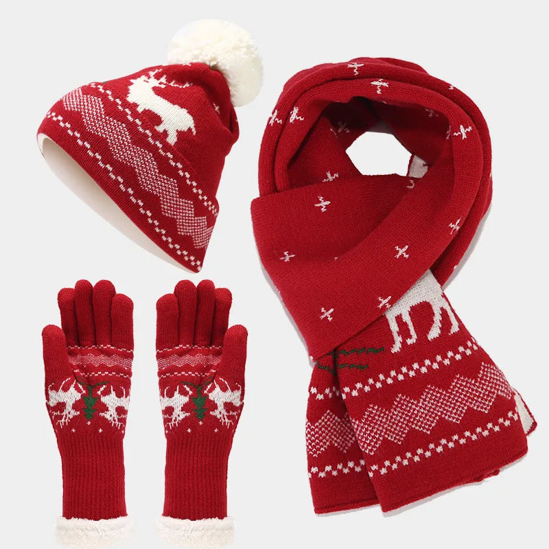 3 Pieces Christmas Knitted Jacquard Santa Winter Warm Hat beanie Gloves Reindeer Scarf Set for Party