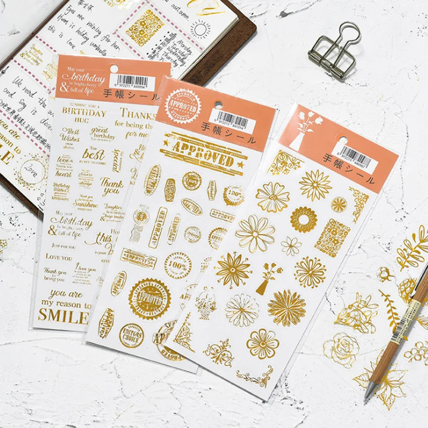 1sheet/pack Gold Stamping Vintage Flowers Scrapbooking Stickers Self-adhesive Waterproof Notebook Diary Decoration Stickers