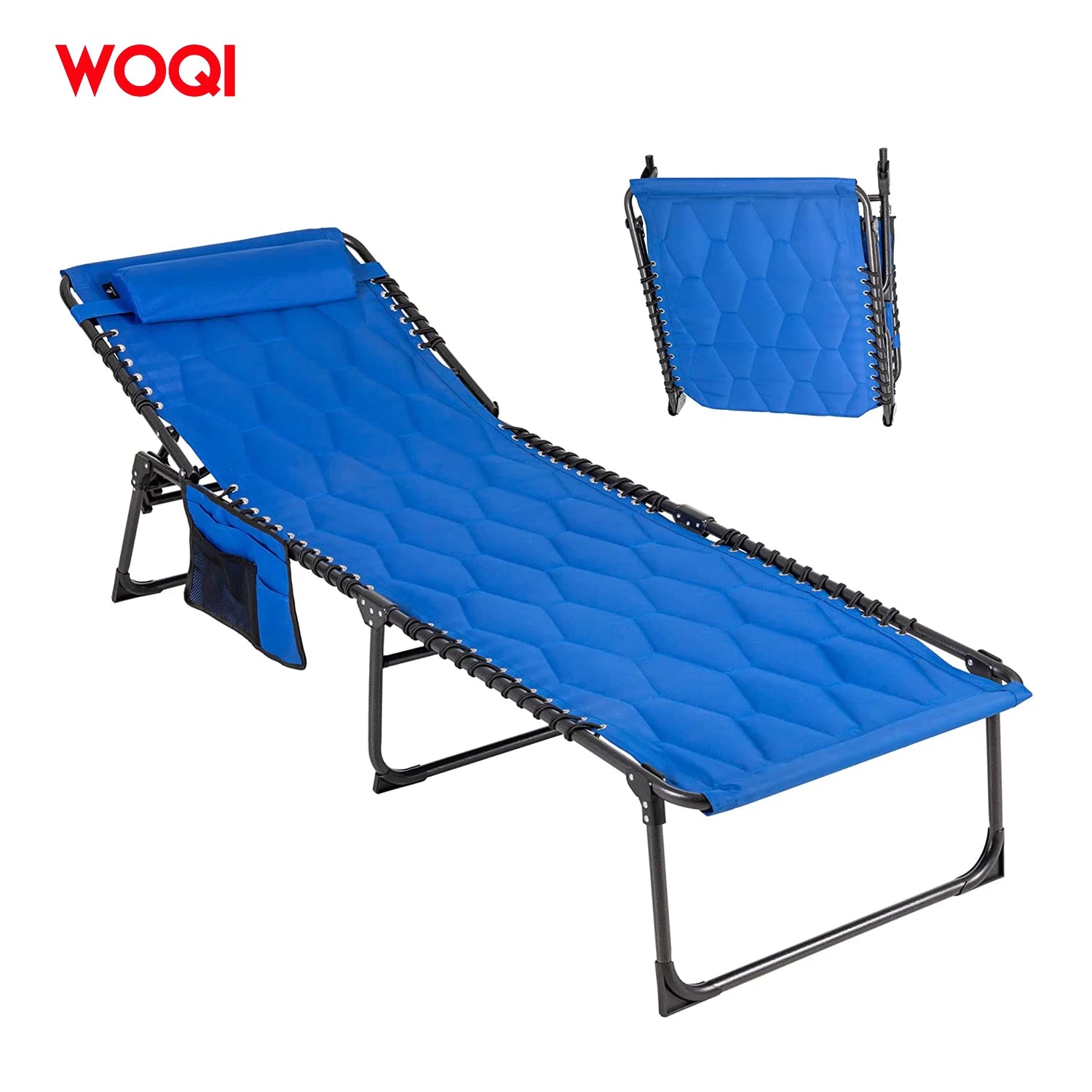 WOQI Portable Folding Reclining Lounger Compact Camping Cot for Sleeping Outdoor Travel with Pillow Pocket