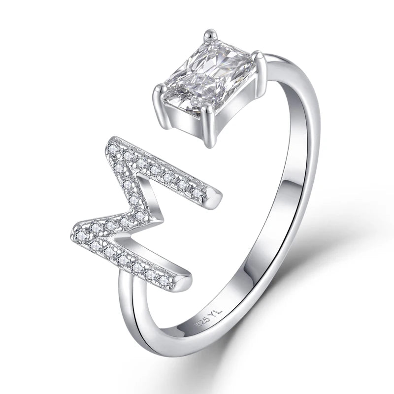 YILUN M Letter Design Sterling Silver Cubic Zirconia Adjustable Ring Minimalist Jewelry for Women