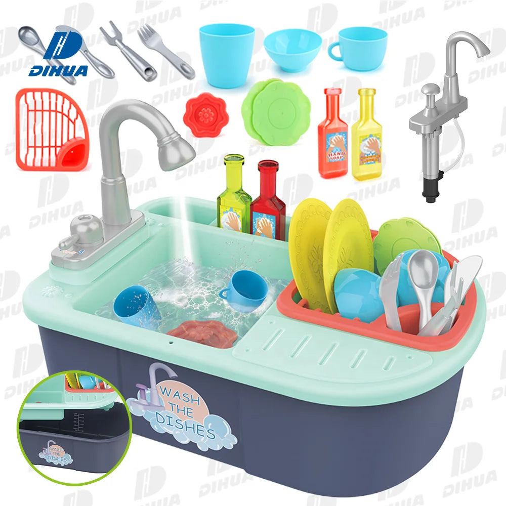Kitchen Dishwasher Wash up Toys Play Kitchen Sink Toy Set with Simulated Water Tap Pretend Toys for Kids Boys and Girls
