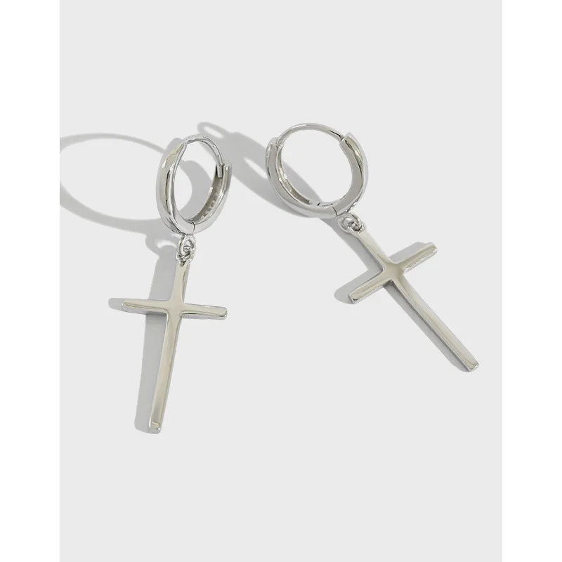 Classic Design S925 Sterling Silver Small Hoop Cross Pendant Earrings for Women Fine Jewelry EB882