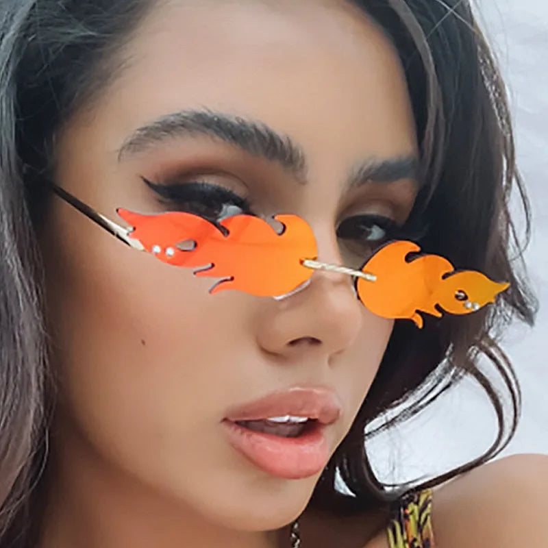 Vintage Luxury Rimless Metal Sun Glasses Female Personality Trending Narrow Shades Oculos De Sol Fire Flame Sunglasses Woman