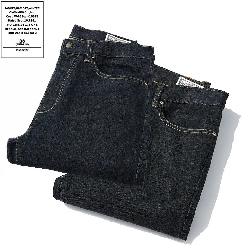 Men's 15oz Vintage Boot Cut Jeans Slim Fit Mid Waist Denim Pants Red Line Cattle Tannin Tingle Medium Wash Streetwear Washable