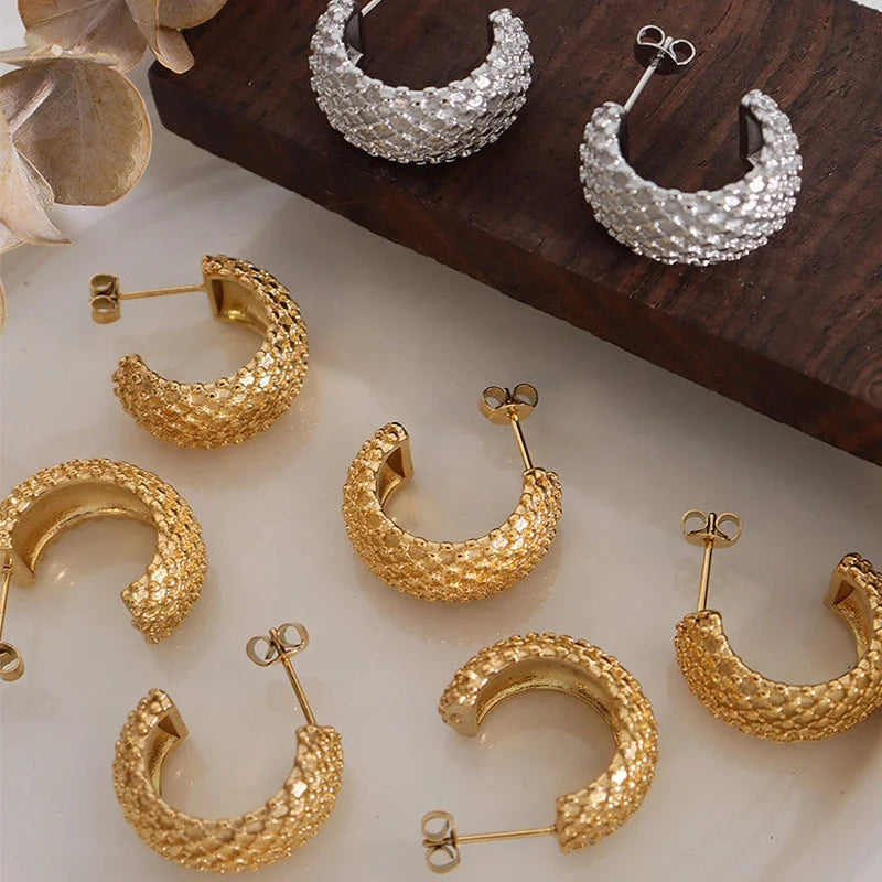 Luxury Trendy Fashion Jewelry Shiny Diamond Pattern Waterproof PVD 18K Gold Plated Stainless Steel Big Stud Earrings
