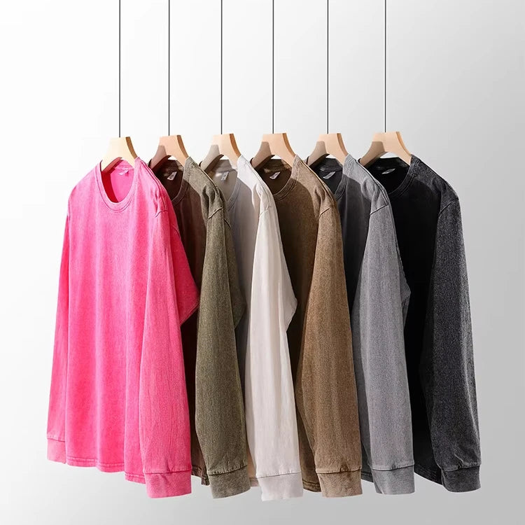 Oversized Plain Mens Long Sleeve Tshirt Cotton Long Sleeve T-Shirt Custom Printing Men Vintage Acid Washed Long Sleeve T Shirt