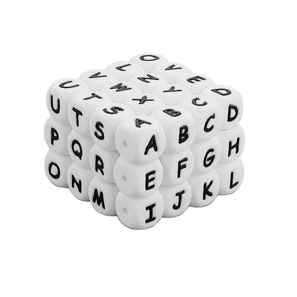 12mm Square Cube Shape Alphabet Letter Food Grade BPA Free Silicone Teething Beads Baby Soft Chew Customizable Pen Keychain