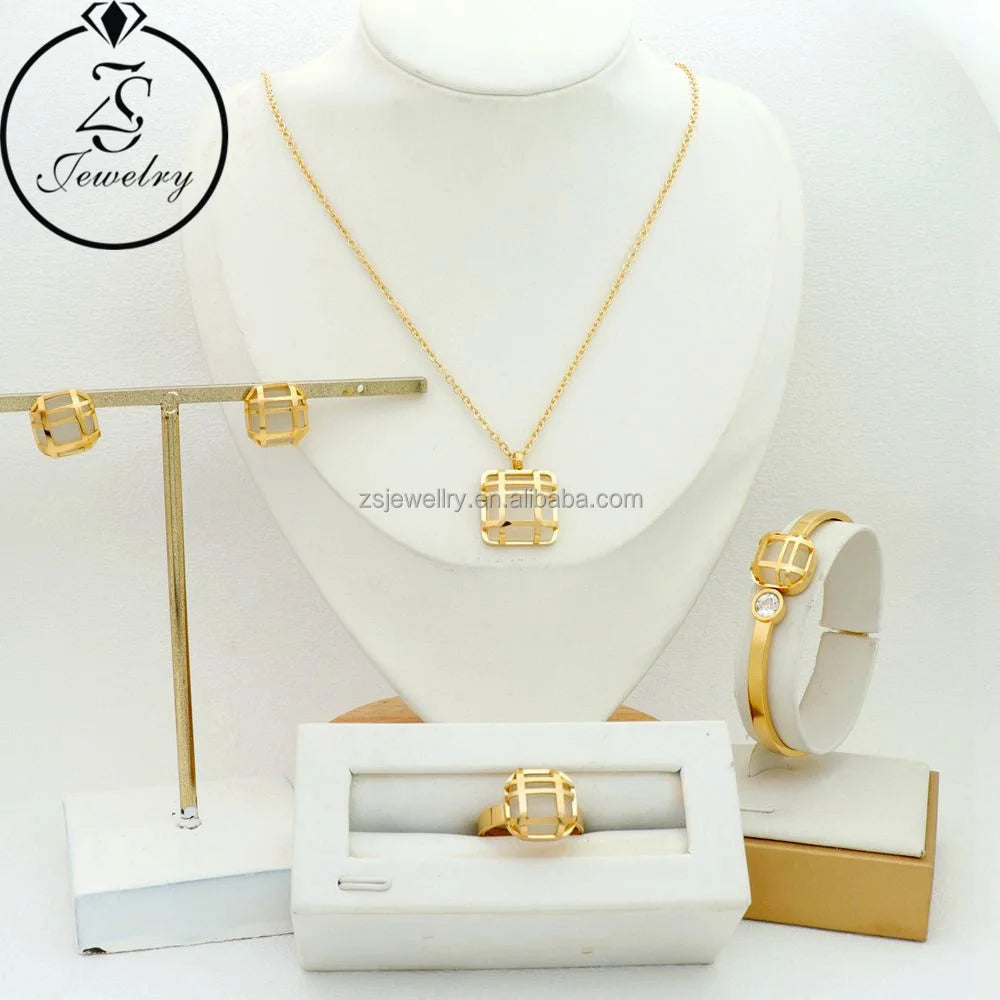 4 Piece Jewelry Pink Stainless Steel Stone Rhinestone Fashion Big Design Gold Plated Women Jewelry Girl Gift Sets