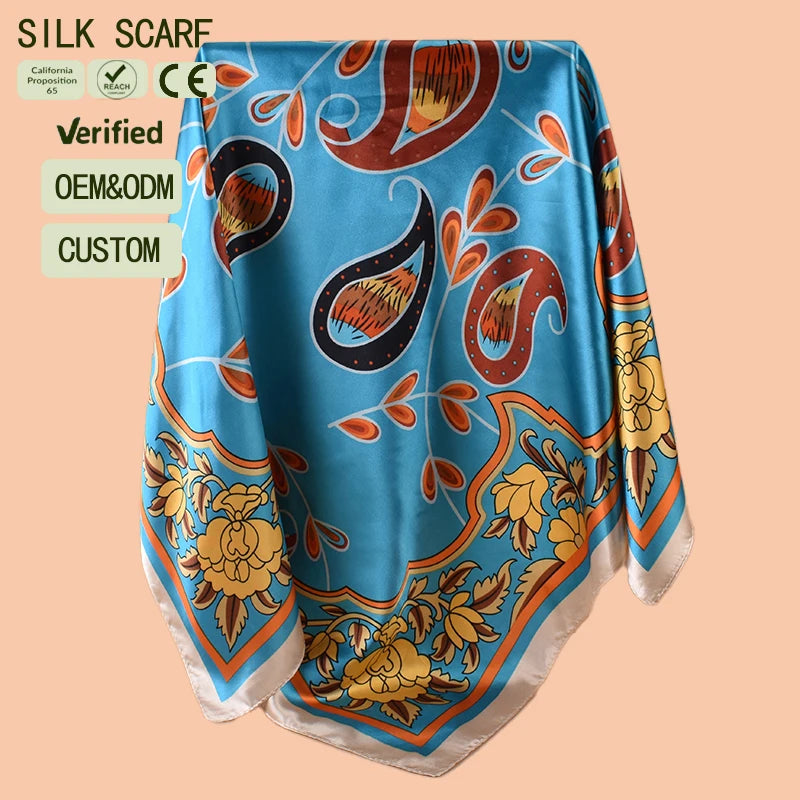 Ethnic Bohemian Floral Print Imitation Silk Square Scarf Vibrant Multicolor Satin Head Wrap for Women Custom Fashion Accessory