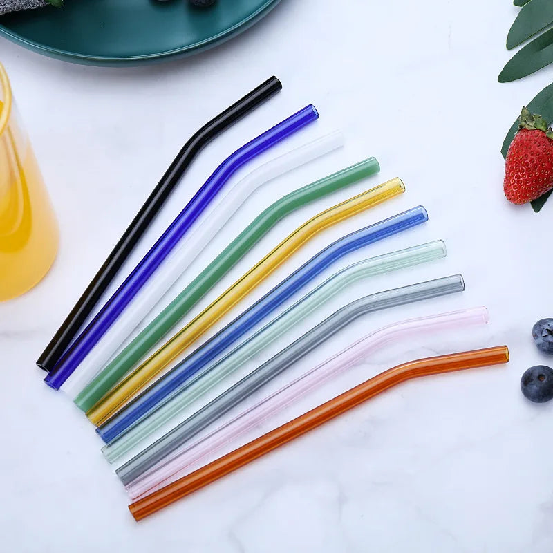 Eco Friendly Reusable Colored Glass Straw Transparent Bent Glass Drinking Straws