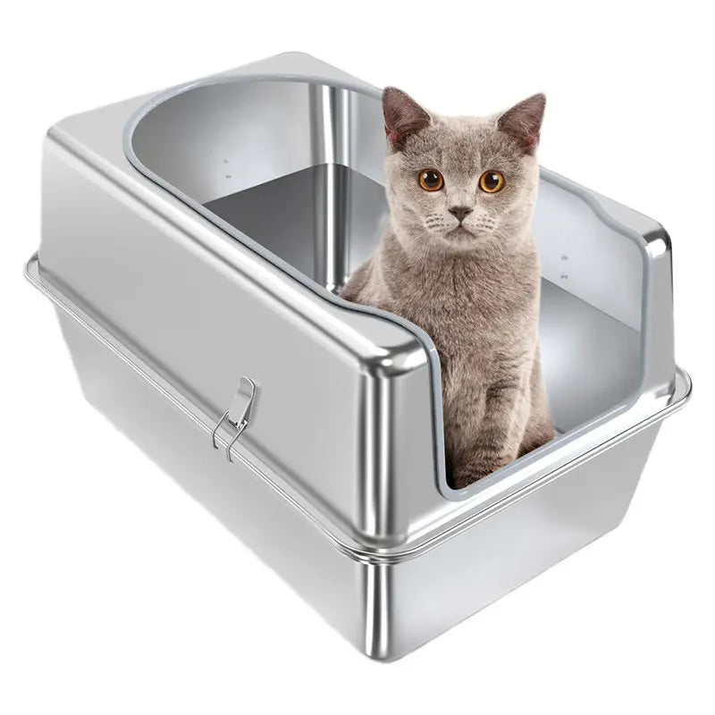 Paws Tails Stainless Steel Square Cat Litter Tray Large 25L Semi-enclosed Automatic Toilet Removable Cover Durable Easy Clean