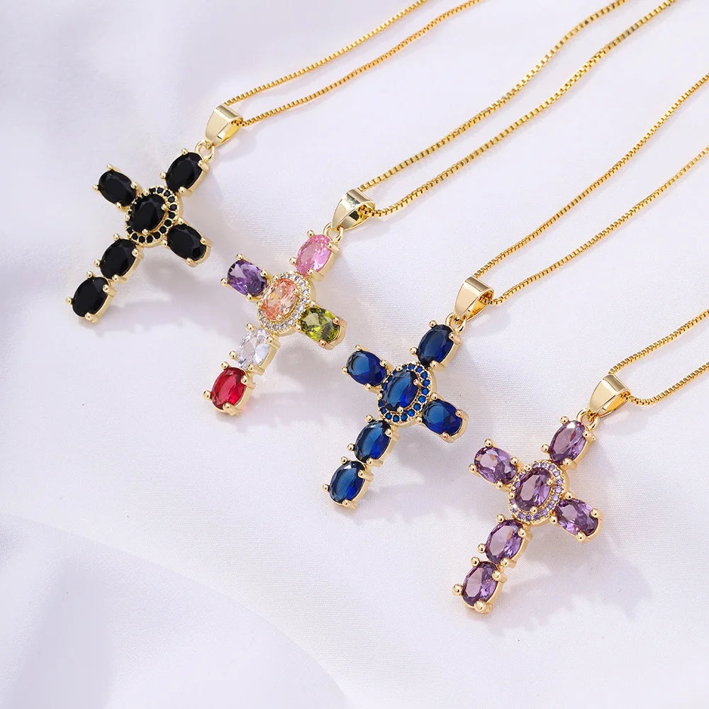 Necklace Women Jewelry Brass CHain 18K Gold Plated Color Crystal Jesus Cross Pendant Necklace