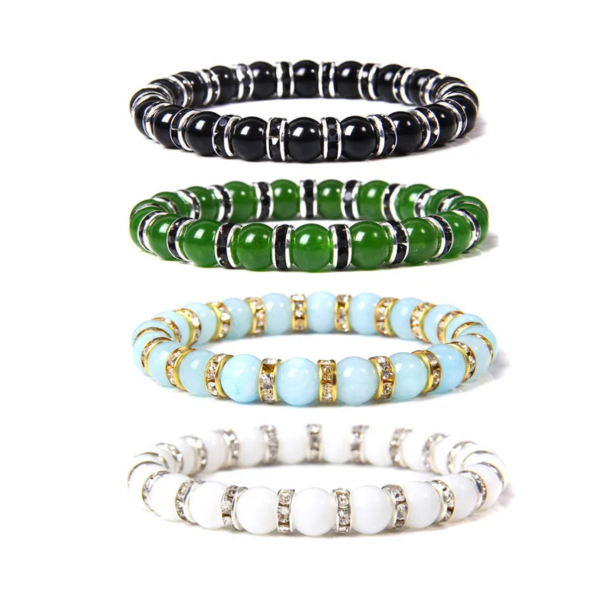 New Fashion Jade Stone Bracelets Elastic Handmade Jewelry Women Silver Rhinestone Spacers Charm 8 MM Beads Bracelet Women Men