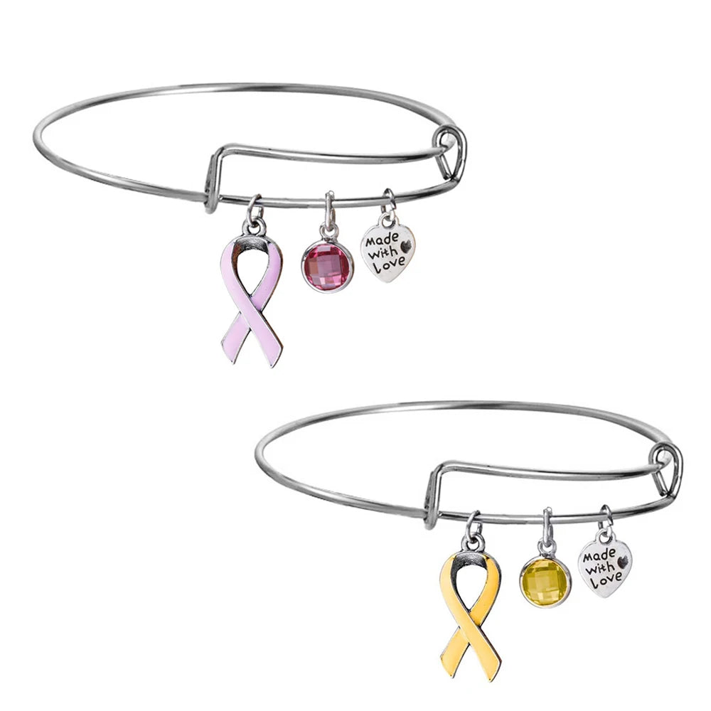Stainless Steel Stackable Expandable Wire Bangle pink Yellow Gold Ribbon Charm Hope Faith Pendant Adjustable Stacking Bangle