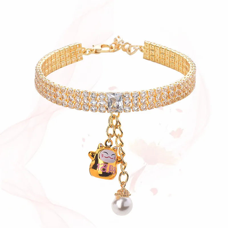 Pet Accessories - Lucky Cat Bell and Cute Crystal Cat/Dog/Rabbit Collar Princess Party Jewelry