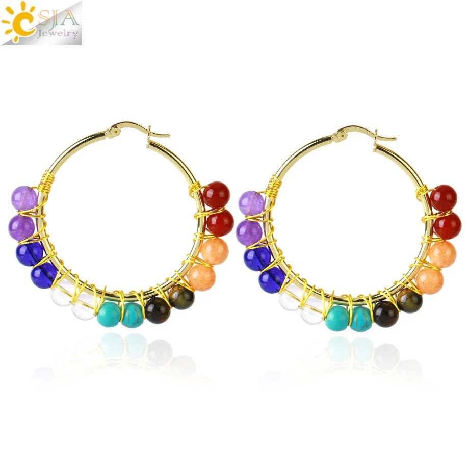 CSJA Natural Stone Crystal Bead Hoop Earrings Stainless Steel Gold Plated Hoop Earring for Women G932