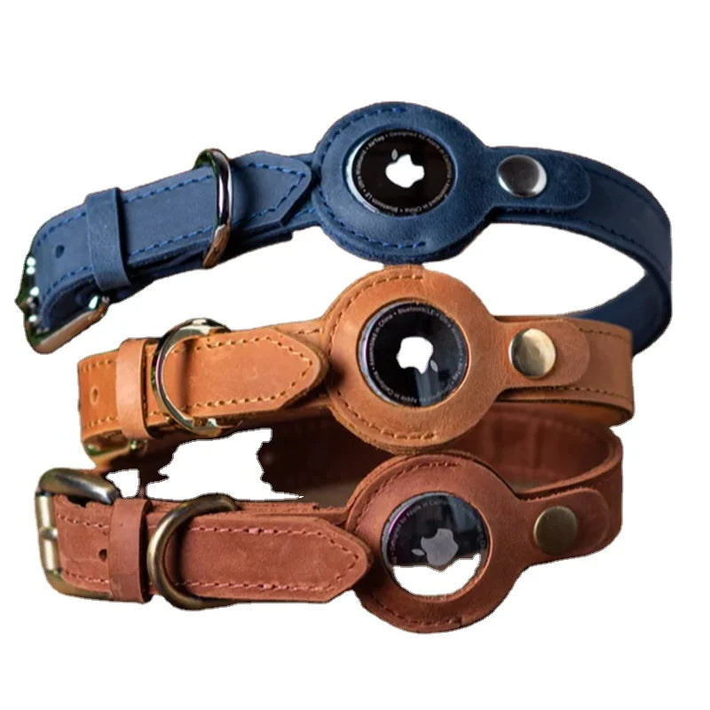 Custom Solid Color Cowhide Leather Vintage Heavy Waist Locator Protective Cover Belt Metal Ring Cat Pet Dog Neck Ring Collar