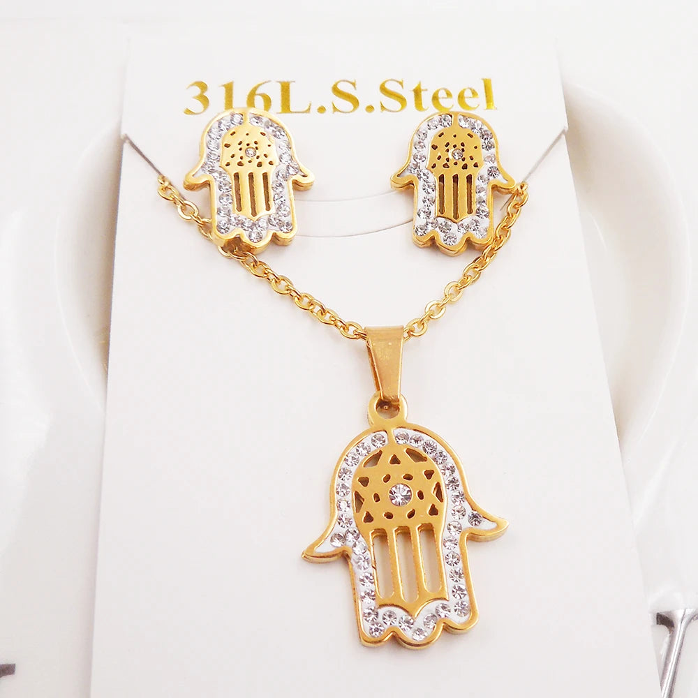 Earrings Pendant Necklace Set Wedding Engagement Stainless Steel Hexagram Palm Rhinestone Cute Women Fashion Unisex 14K Gold