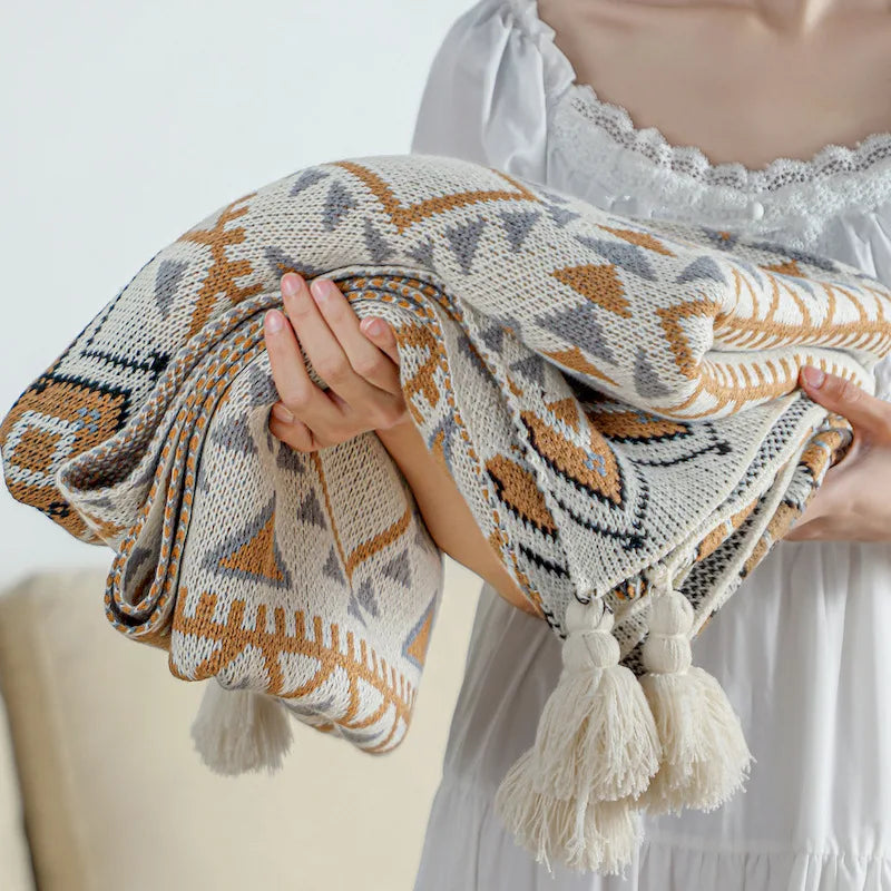 Soft Lightweight Acrylic Knitted Geometric Pattern Tassel Throw Blanket Boho Vintage Decor Sofa Bed Couch Breathable Home