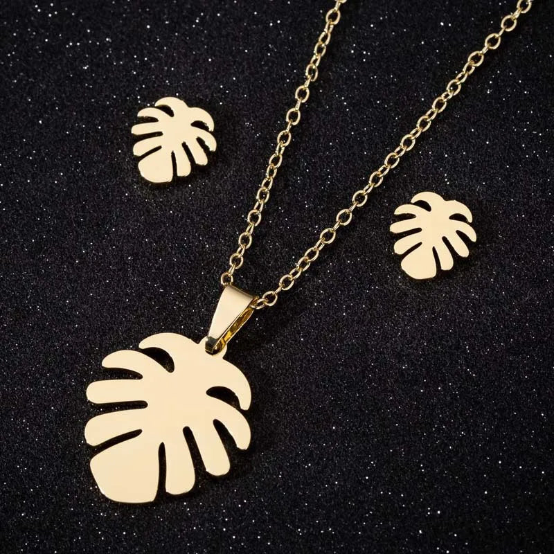 Fashion 18K Gold Silver Plated Charm Monstera Palm Leaf Pendant Necklace Earring Stainless Steel Jewelry Set for Woman MegaBDM
