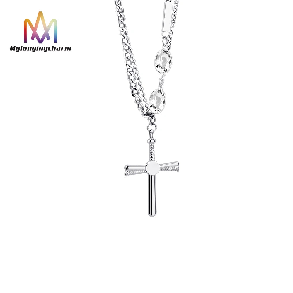 Wholesale Popular Double Layered Crytal Charm Short Long Chain Stainless Steel Bling Cross Pendant Necklace
