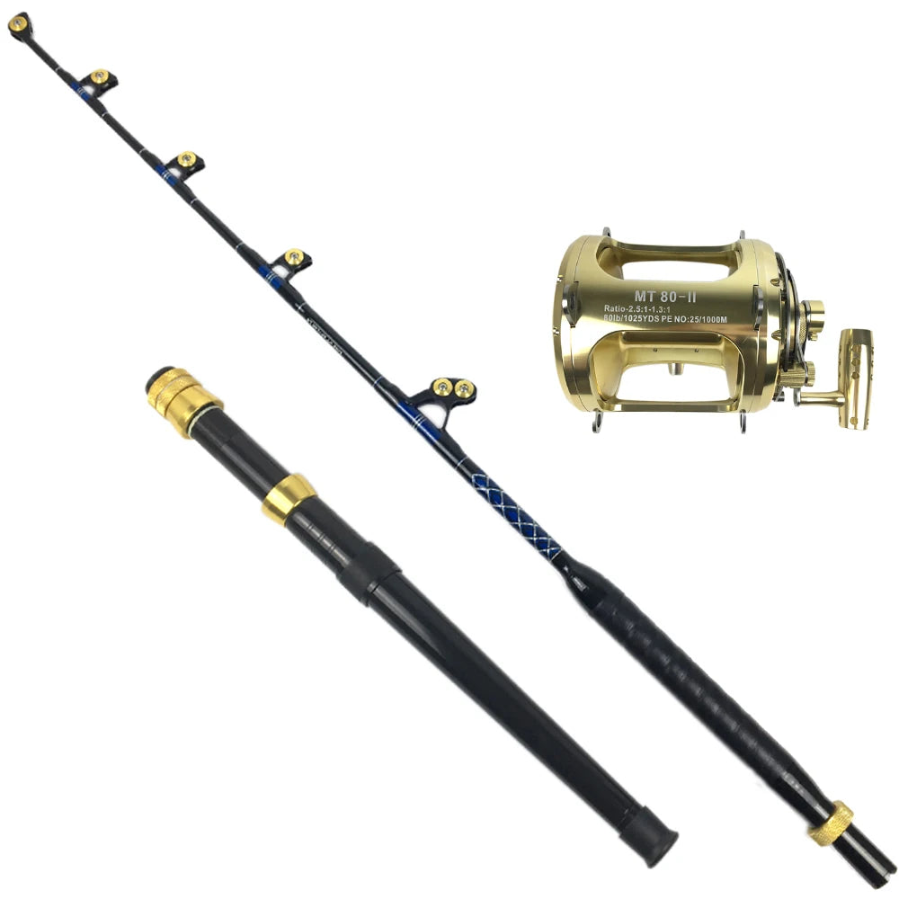 Fiberglass Fishing Rod and Reel Combo 80w Heavy Duty Reels Sea Trolling Deep Drop Tuna 130lb Fishing Rod Reel Combo