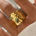 J&D Luxury Stainless Steel 18K Gold Plated Ring Women Jewelry Round Oval Tiger Eye Hammered Open Ring