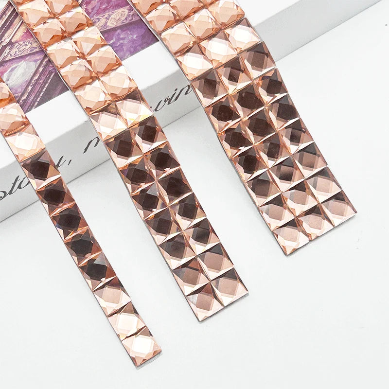 3cm/ RowsMulticolor 10*10mm Glass Hot Fix Square Rhinestone Tape Self Adhesive Crystal Diamond Glitter Trim Ribbon DIY Belt Trim