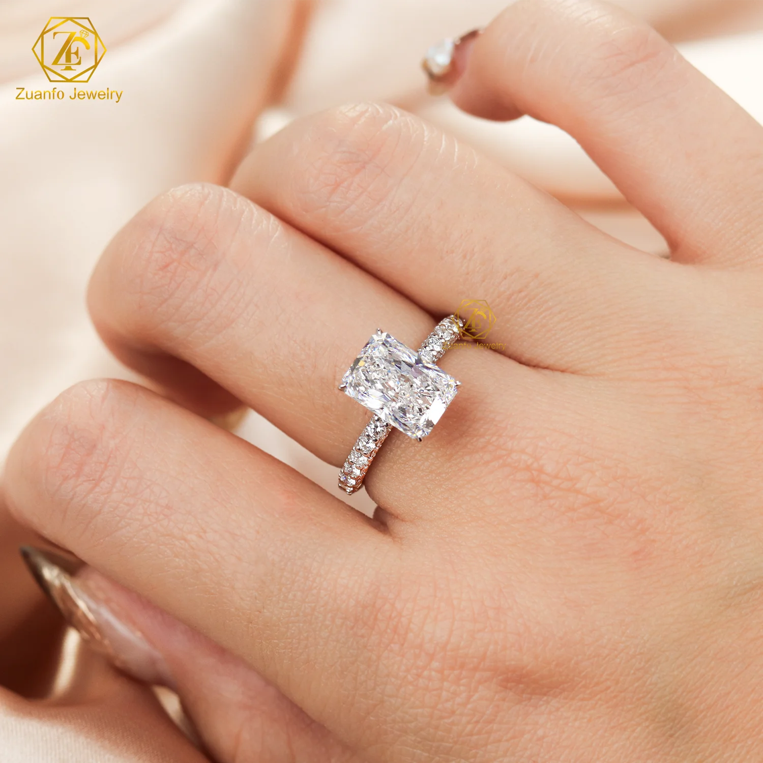 Wedding Ring Radiant Cut 3ct Luxury Design Full Moissanite Band 14k Solid Gold Engagement Ring Custom Design  Bridal Jewelry