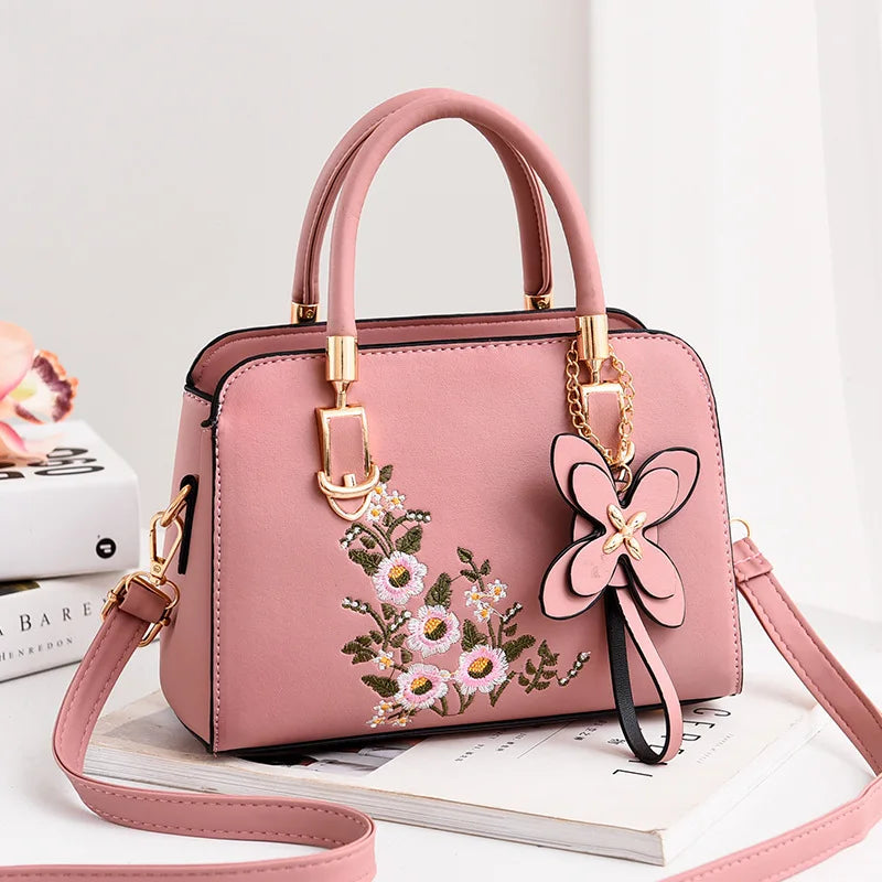 New Fashion Embroidered Tote Handbag Wholesale Korean Style Simple Large Shoulder Messenger Bag with Flower Pendant