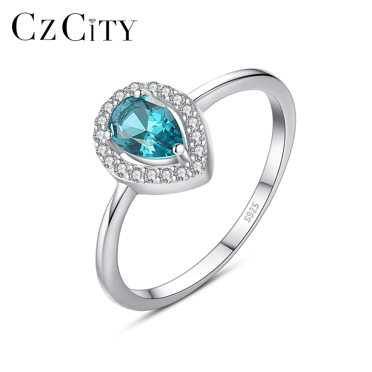 CZCITY 925 Sterling Silver Trending Gem Wedding Bands Rings Water Synthetic Topaz Drop Main Stone Ring