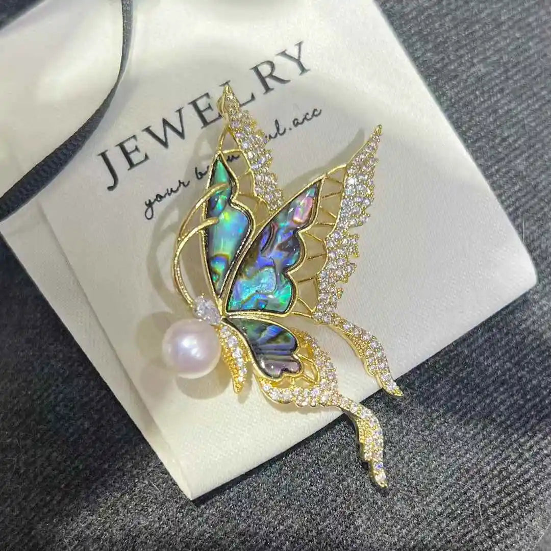 Colorful Abalone Shell Inlaid Trendy Unisex Butterfly Brooch Pins Paired 8-9mm Natural White Freshwater Bread Pearls Brooch