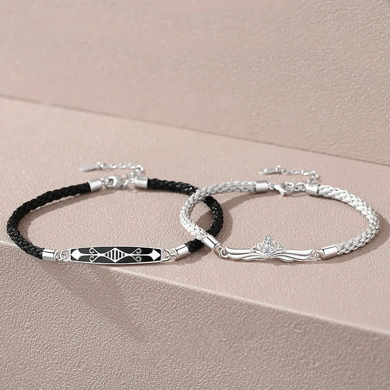 Joker Princess Knight Leather Knit Bracelets Black Printing Square Silver Crown 925 Sterling Silver Thin Link Chain Bracelets MegaBDM