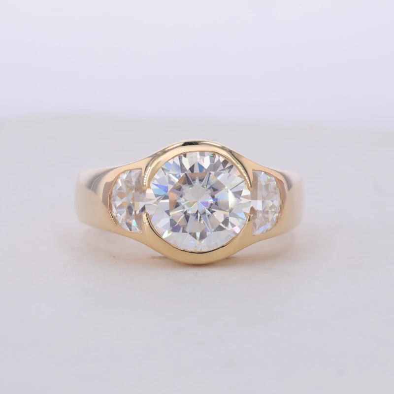 14 k Yellow Gold Wedding Mens Rings Round Shape 10mm Half-moon 6x4mm Side Stones Vvs Moissanite Ring for Men